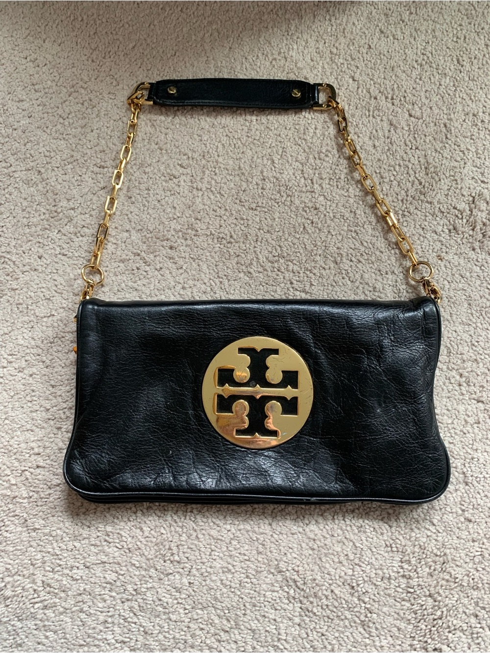 Tory Burch Black Leather Clutch with Gold Logo Medallion and Chain
